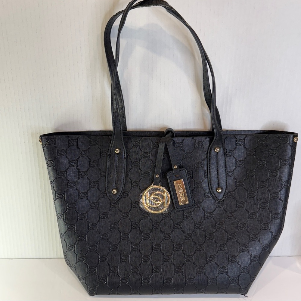 Bebe Embossed Black Logo Tote – Gold Charm & Saffiano Finish Chic - Picture 3 of 16